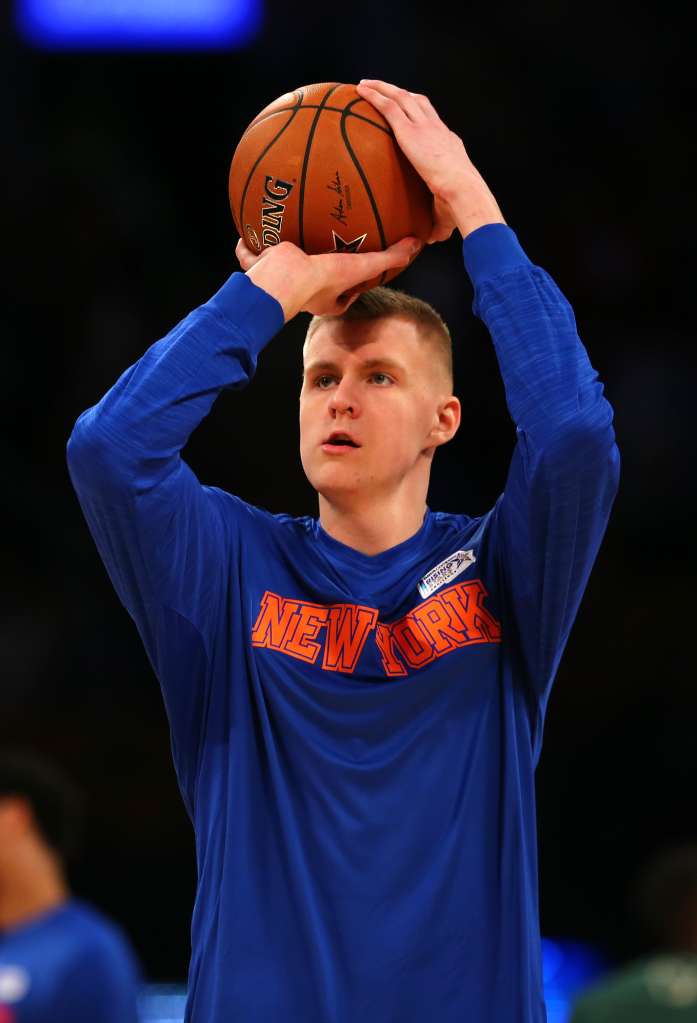 TORONTO, ON - FEBRUARY 12: Kristaps Porzingis #6 of the New York Knicks and World team warms up before the BBVA Compass Rising Stars Challenge 2016 against the United States team at Air Canada Centre on February 12, 2016 in Toronto, Canada. NOTE TO USER: User expressly acknowledges and agrees that, by downloading and/or using this Photograph, user is consenting to the terms and conditions of the Getty Images License Agreement. (Photo by Elsa/Getty Images)