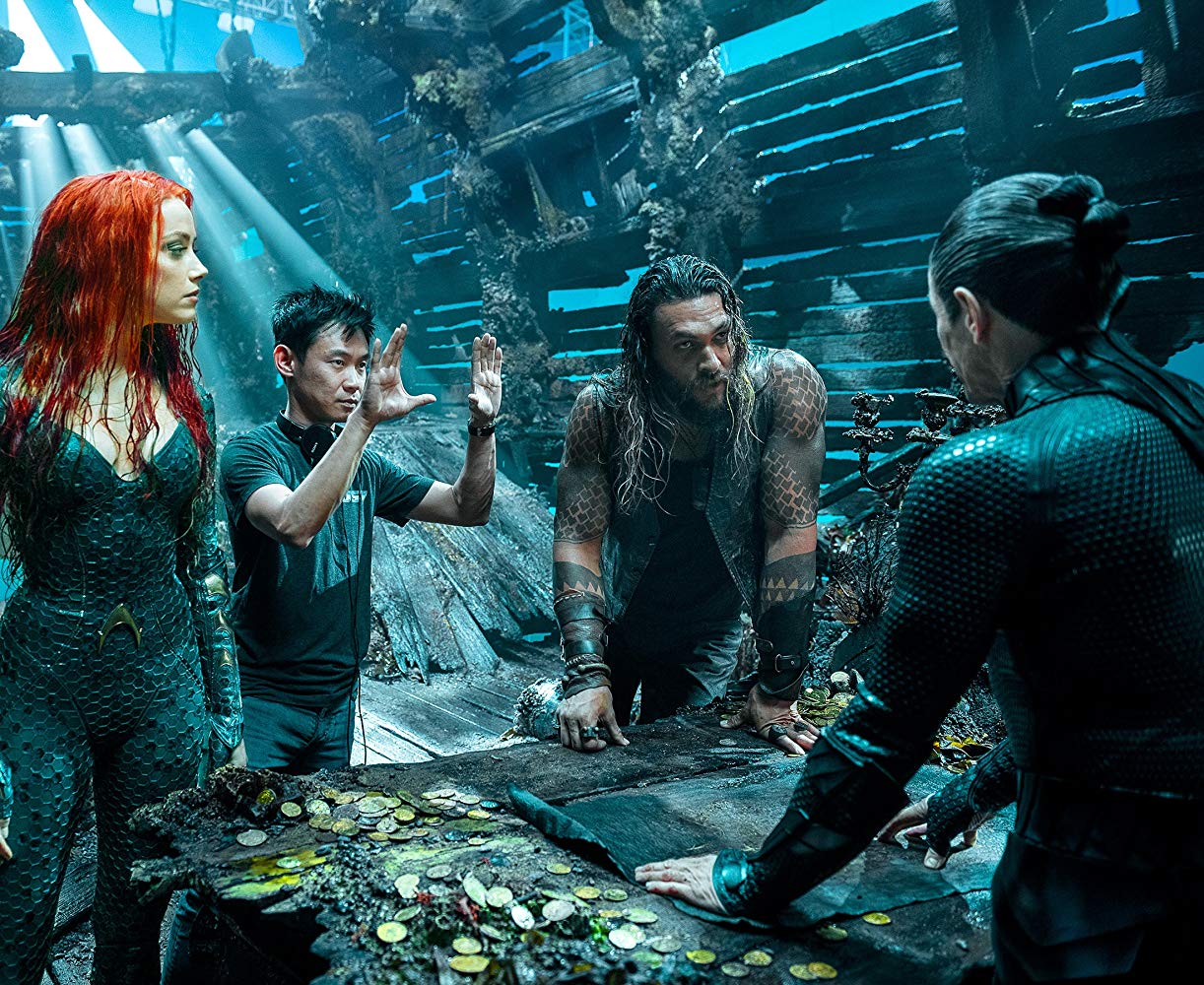 Amber Heard, James Wan, Jason Momoa y Willen Dafoe durante el rodaje. / Foto: WB