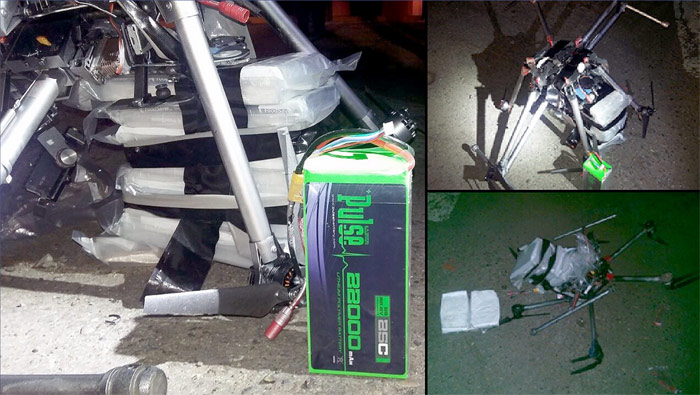 Un dron para transporte de cocaína: el aparato se estrelló en un estacionamiento de un centro comercial en San Ysidro, California, por exceso de peso, según el reporte de las autoridades. 