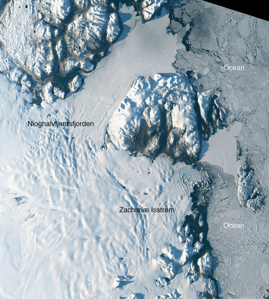 Imagen de satélite tomada el 30 de agosto 2014, de Zachariae Isstrøm y Nioghalvfjerdsfjorden, los glaciares en el noreste de Groenlandia.
