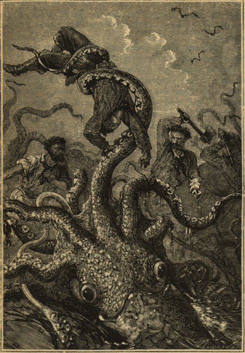 Ilustración original de Alphonse-Marie-Adolphe de Neuville para la edición príncipe de la novela "Veinte mil leguas de viaje submarino", de Julio Verne. 