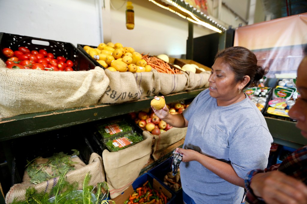 06/22/16/ LOS ANGELES/Mother of five children Alejandra Serano shops for food during her visit to the Los Angeles World Harvest Food Bank for a donation of $30. World Harvest Food Bank is a non-profit organization that provides food, basic staples and living essentials to people who are at risk of hunger and to the needy. (Photo Aurelia Ventura/ La Opinion)