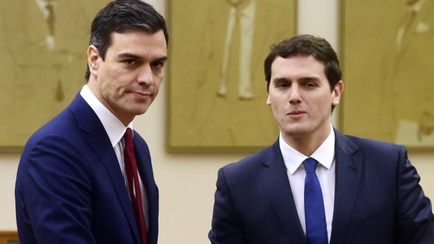 Los líderes de PSOE y Ciudadanos, Pedro Sánchez y Albert Rivera, son los únicos que pactaron tras las elecciones de diciembre, pero no se concretó en un gobierno por la falta de otros apoyos.