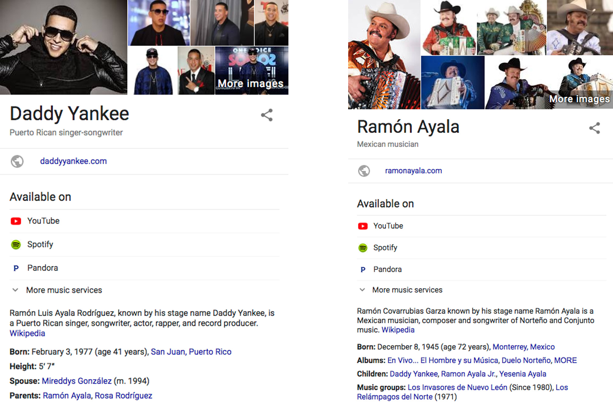 Resultados de Google de Daddy Yankee y Ramón Ayala