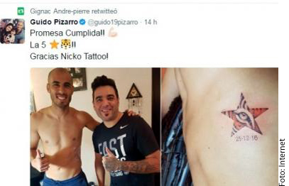 Tras ganar la Final del 25 de diciembre al América, Guido Pizarro se tatuó una estrella con el ojo del tigre y la fecha del título.